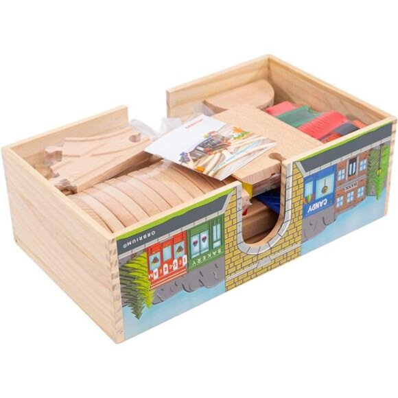 52 Pcs Deluxe Wooden Train Set with Wooden Storage Box Tunnel - Picture 3 of 7